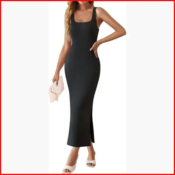 Sleeveless Square Neck Bodycon Midi Dress Side Slit Knit Casual - Picture 1 of 7